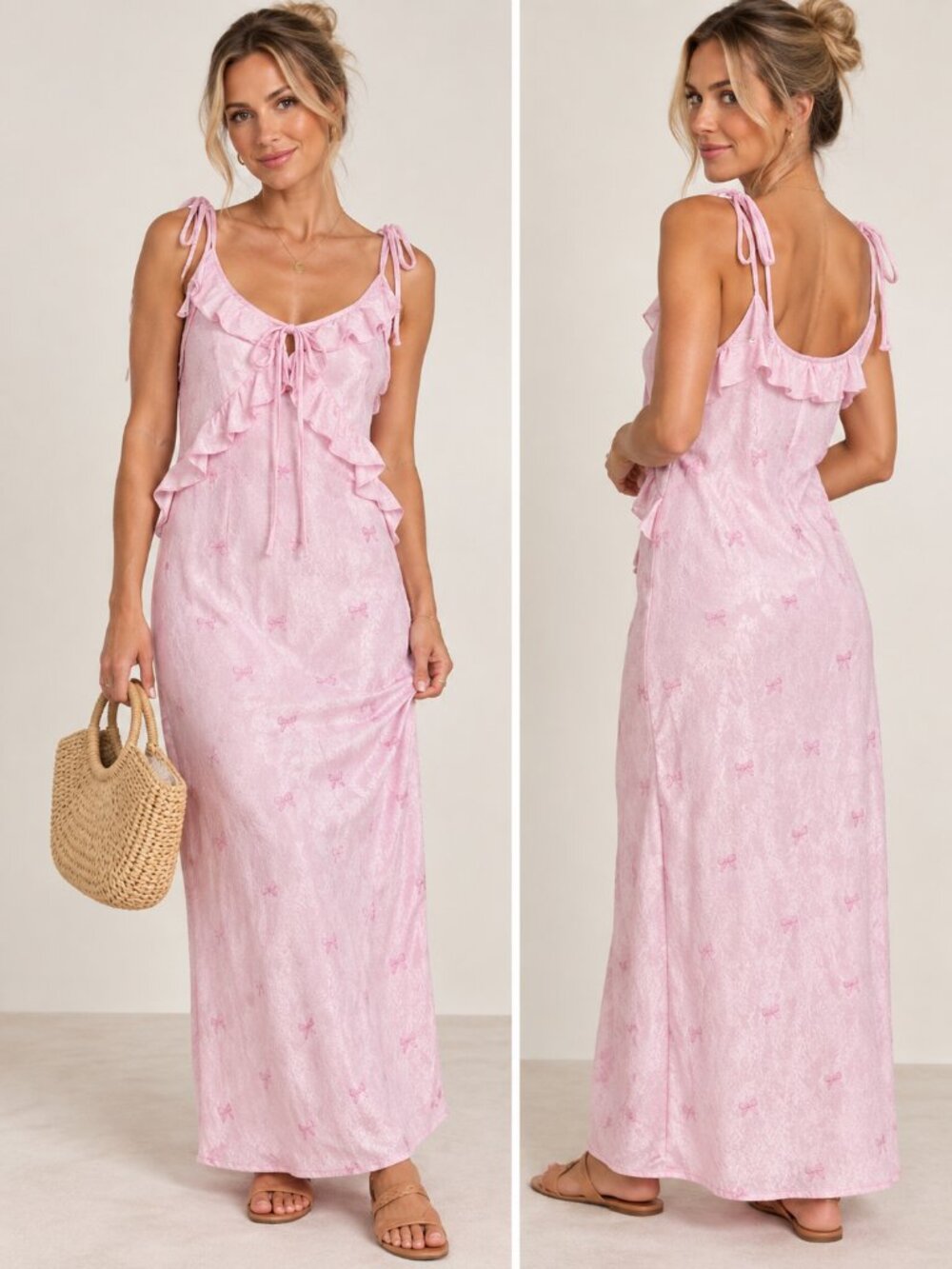 wild fable Pink Ruffle Tie-Front tie on the straps Maxi Slip Dress
